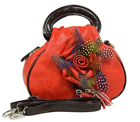 Feather and Flower Handbag in Red - Click Image to Close