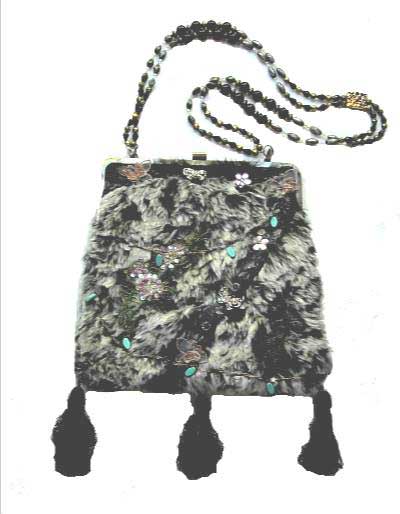 Gray and Black Fur Purse with Butterfly Decorations - Click Image to Close