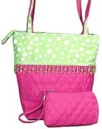 Quilted Pink and Green Polkadot Handbag with Makeup Bag